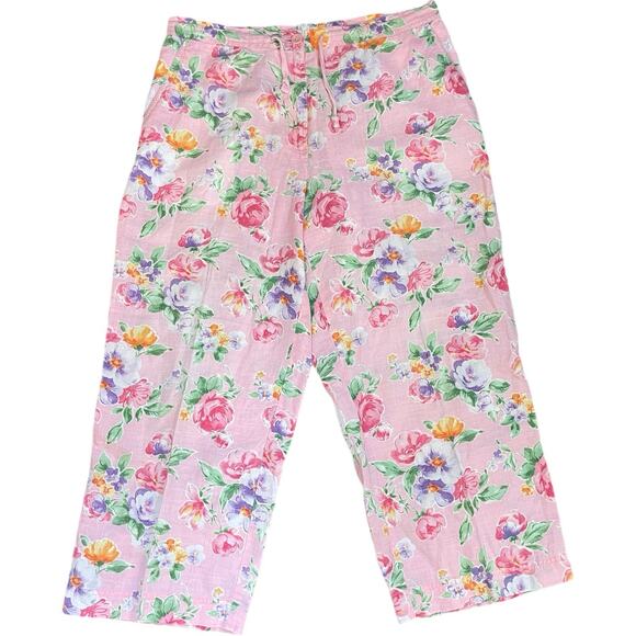 Jones NY 100%‎ Linen Pink All Over Floral Rose Print Cropped Wide Leg Pants 12 - Picture 1 of 11